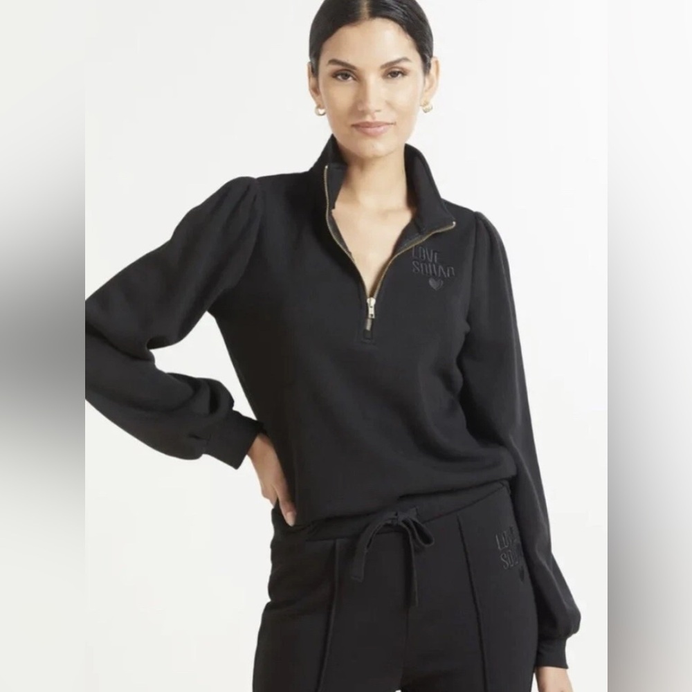 Evereve Love Squad Sweatshirt Women XL Half Zip Puff Sleeve Preppy Sporty Black